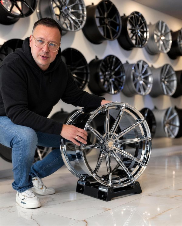 Marek Bücking, Inhaber von MB-Boxenstopp, mit einer verchromten Felge im Showroom in Delmenhorst